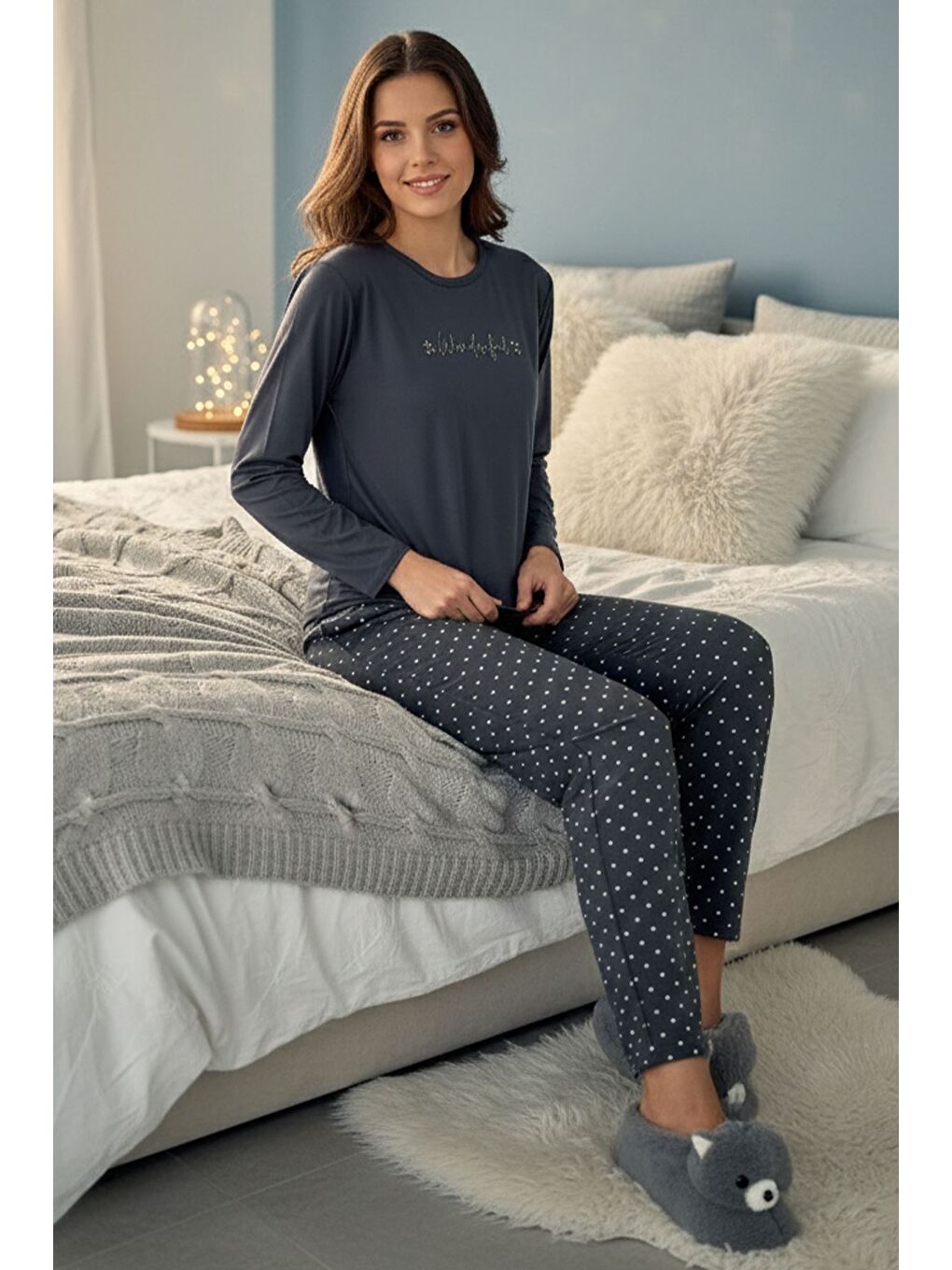 Lacivert Boyraz Kadın Bisiklet Yaka Puantiyeli Pijama Takımı-1