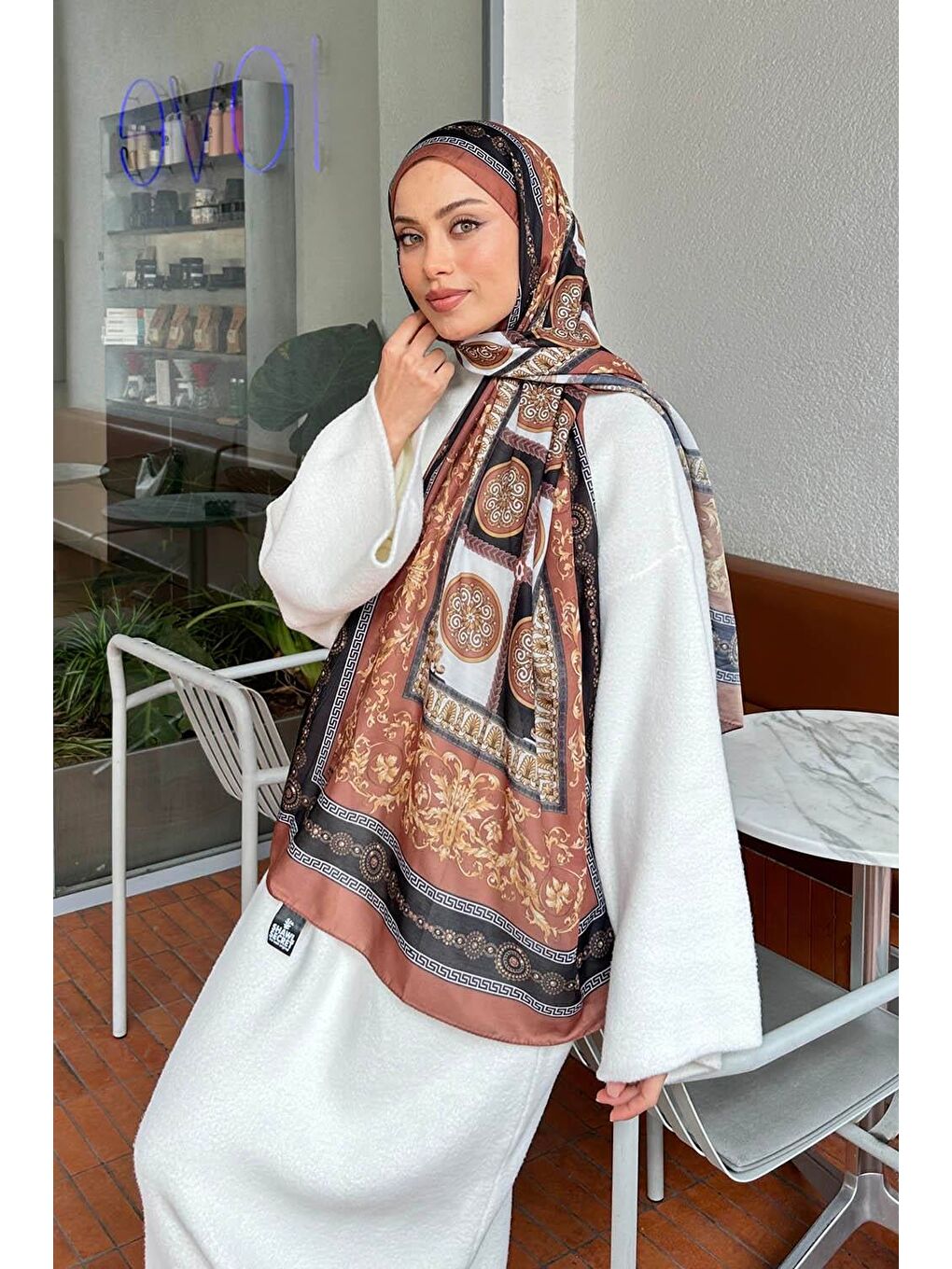 Kahverengi Versa Desen Pamuk Şal Sütlü Kahve-1