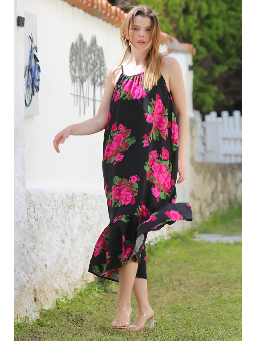 Siyah-Fuşya Gizli Cepli Eteği Fırfırlı Ayarlanabilir Askılı Casual Viskon Dokuma Elbise 128 66-5