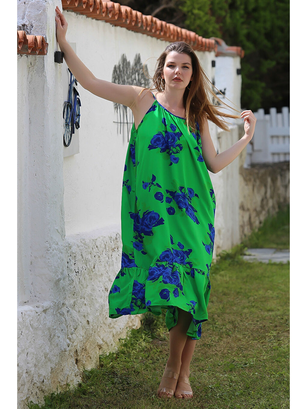 Yeşil Gizli Cepli Eteği Fırfırlı Ayarlanabilir Askılı Casual Viskon Dokuma Elbise 128 66-1