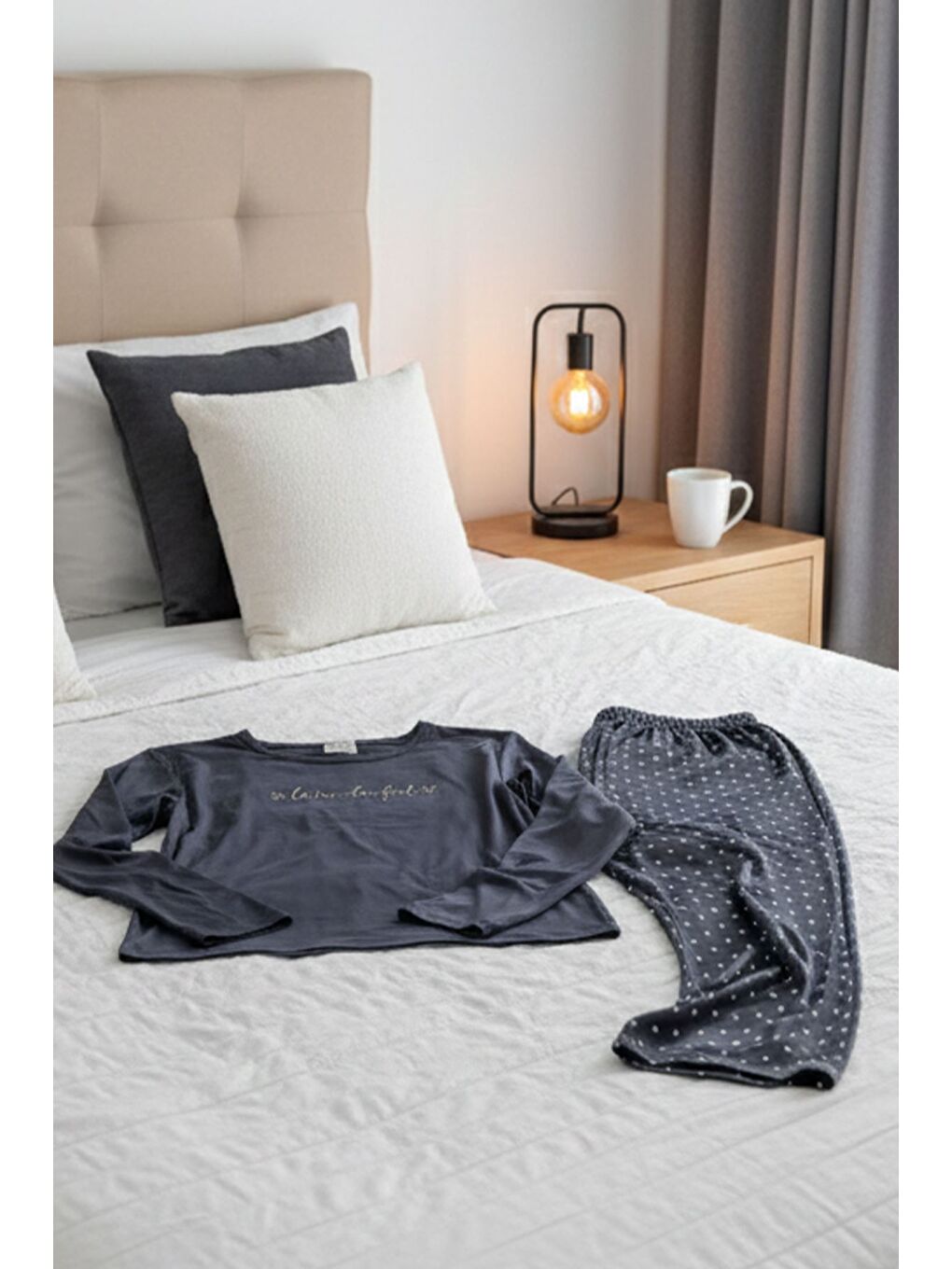 Lacivert Boyraz Kadın Bisiklet Yaka Puantiyeli Pijama Takımı-2