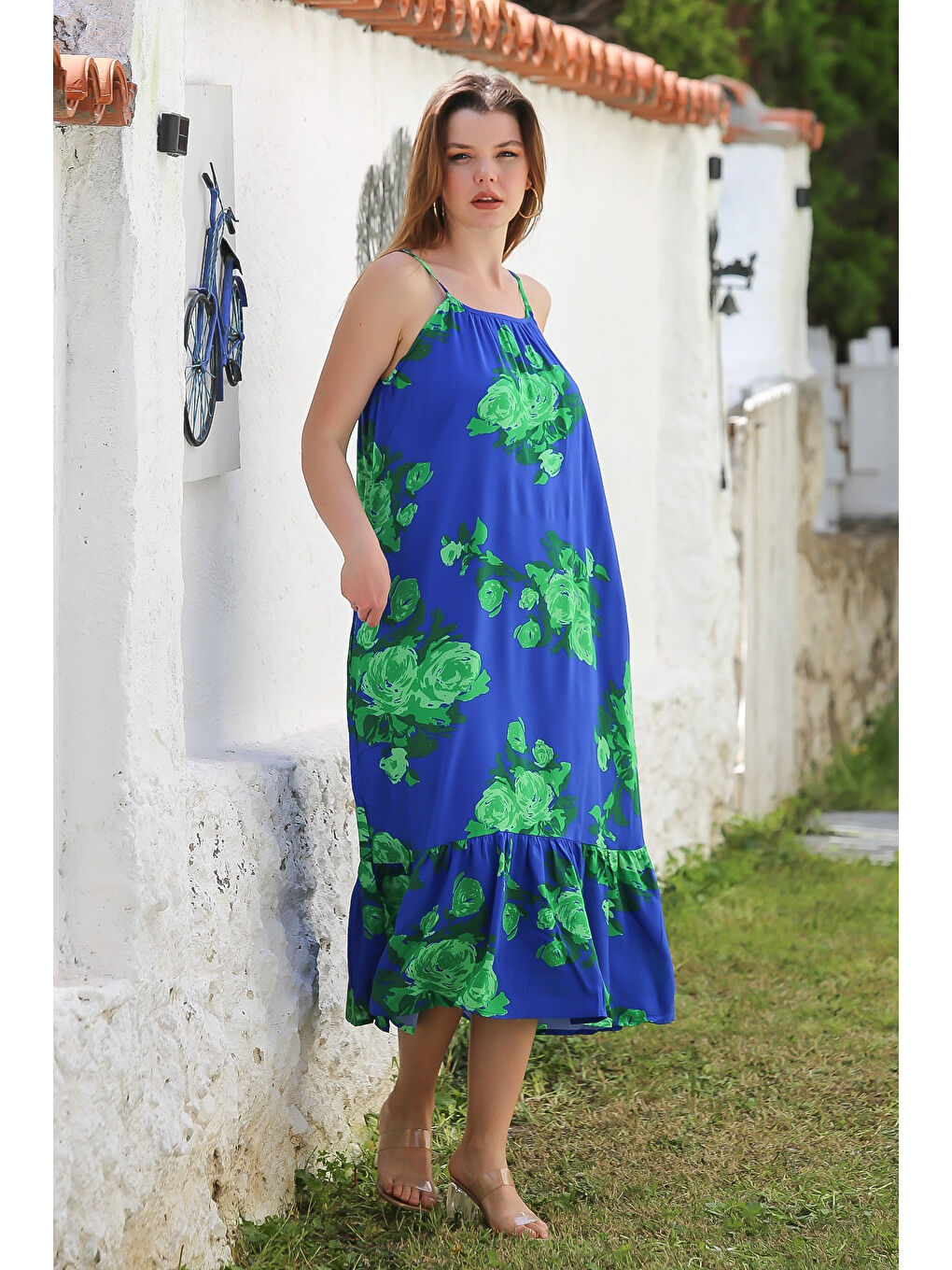 Mavi Gizli Cepli Eteği Fırfırlı Ayarlanabilir Askılı Casual Viskon Dokuma Elbise 128 66-2