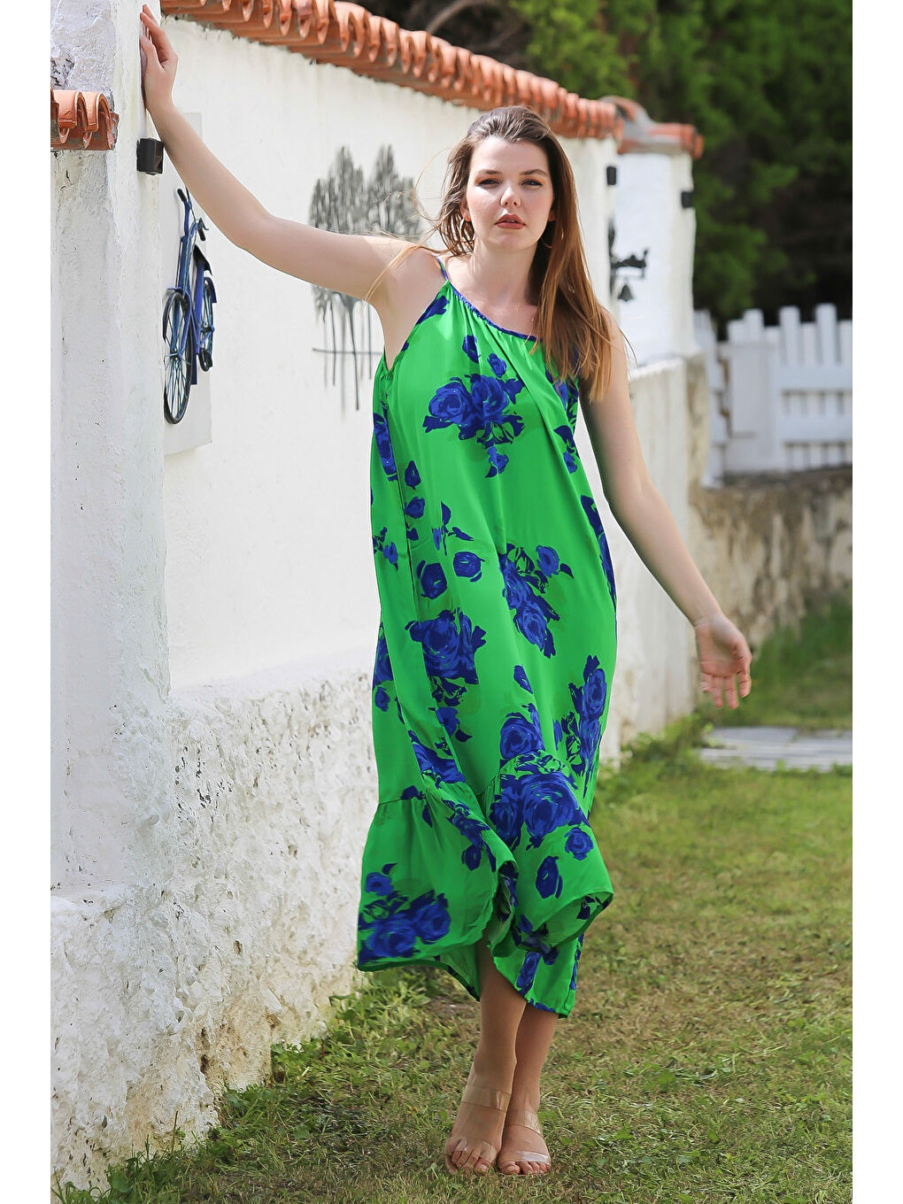 Yeşil Gizli Cepli Eteği Fırfırlı Ayarlanabilir Askılı Casual Viskon Dokuma Elbise 128 66-2