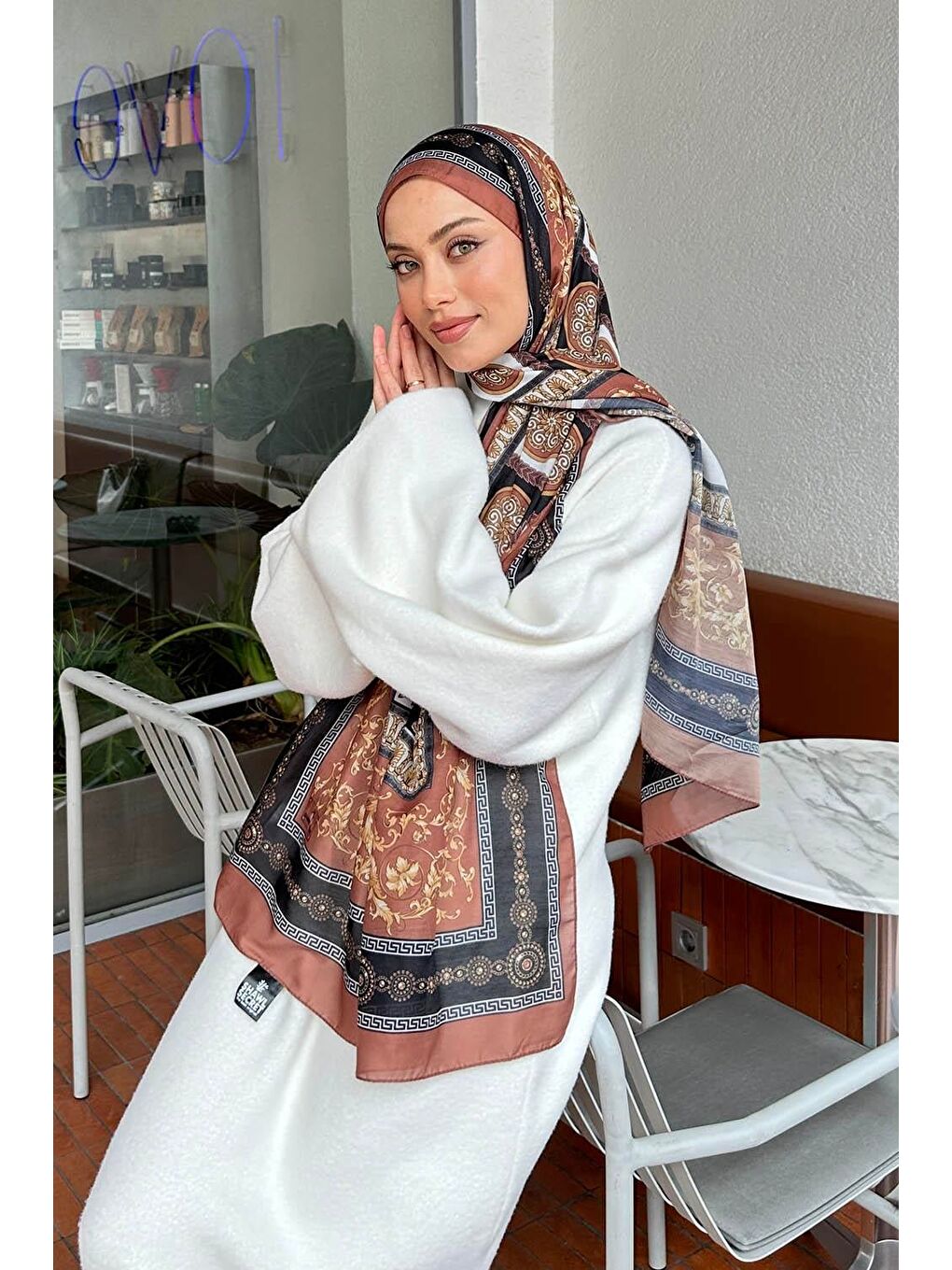 Kahverengi Versa Desen Pamuk Şal Sütlü Kahve-2