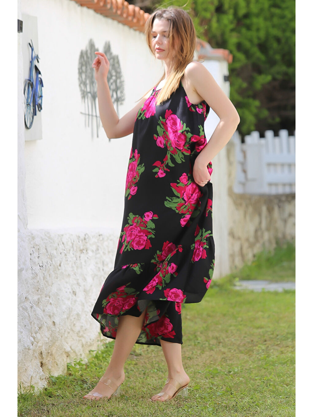 Siyah-Fuşya Gizli Cepli Eteği Fırfırlı Ayarlanabilir Askılı Casual Viskon Dokuma Elbise 128 66-6