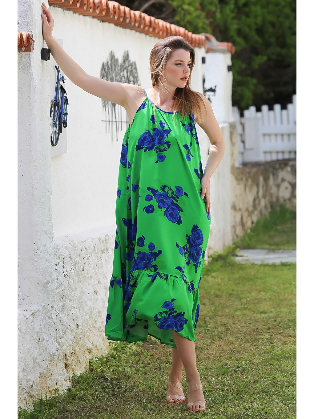 Yeşil Gizli Cepli Eteği Fırfırlı Ayarlanabilir Askılı Casual Viskon Dokuma Elbise 128 66-3