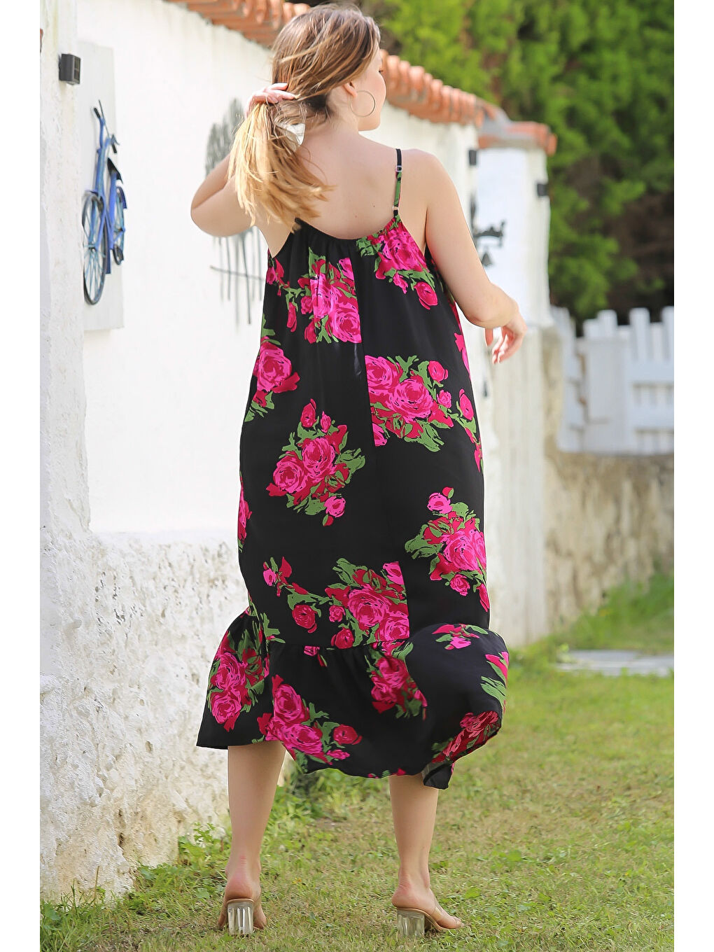 Siyah-Fuşya Gizli Cepli Eteği Fırfırlı Ayarlanabilir Askılı Casual Viskon Dokuma Elbise 128 66-7