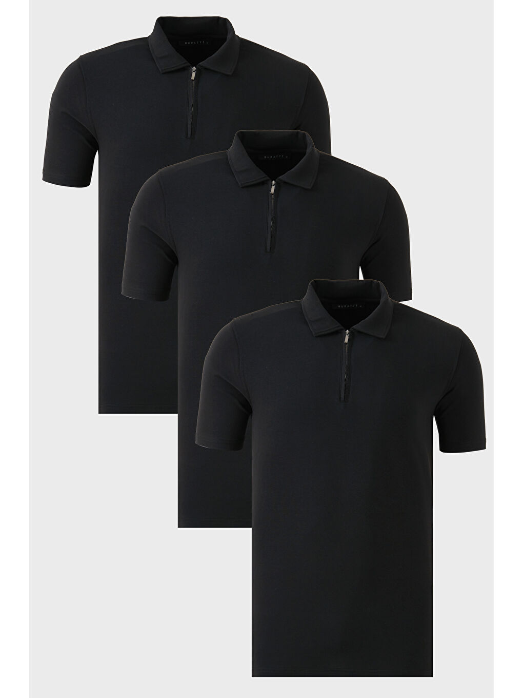 Siyah Streç Pamuklu Regular Fit Yarım Fermuarlı 3'lü Paket Polo Yaka Tişört 5902972S3