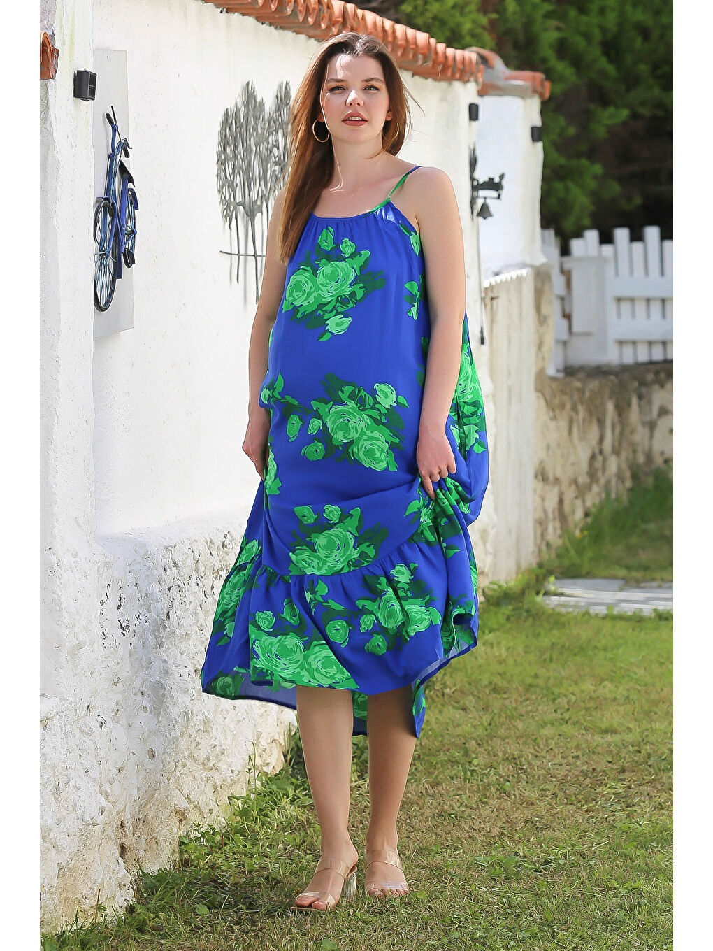 Mavi Gizli Cepli Eteği Fırfırlı Ayarlanabilir Askılı Casual Viskon Dokuma Elbise 128 66-3