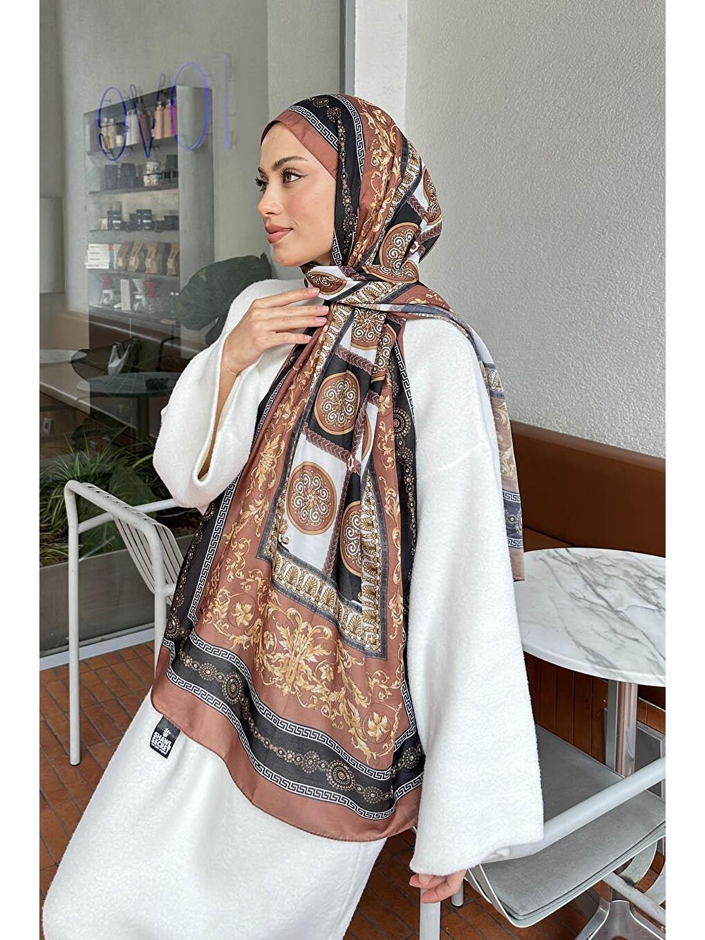 Kahverengi Versa Desen Pamuk Şal Sütlü Kahve-3