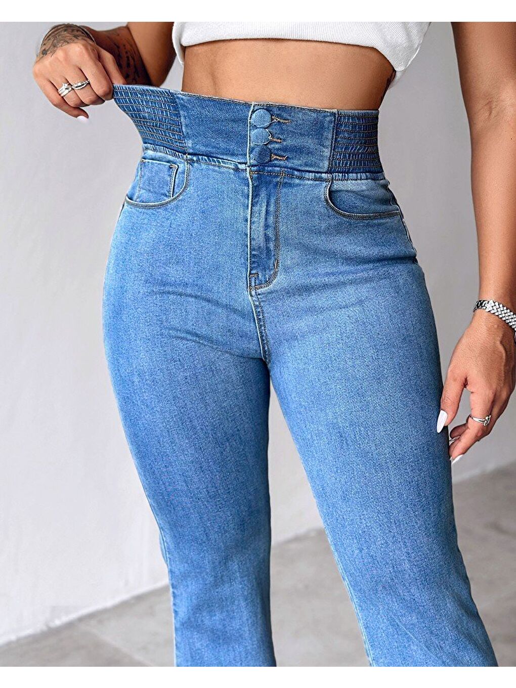 Mavi Kadın Yüksek Bel Yanları Lastik önü Düğmeli Jean Pantolon-2