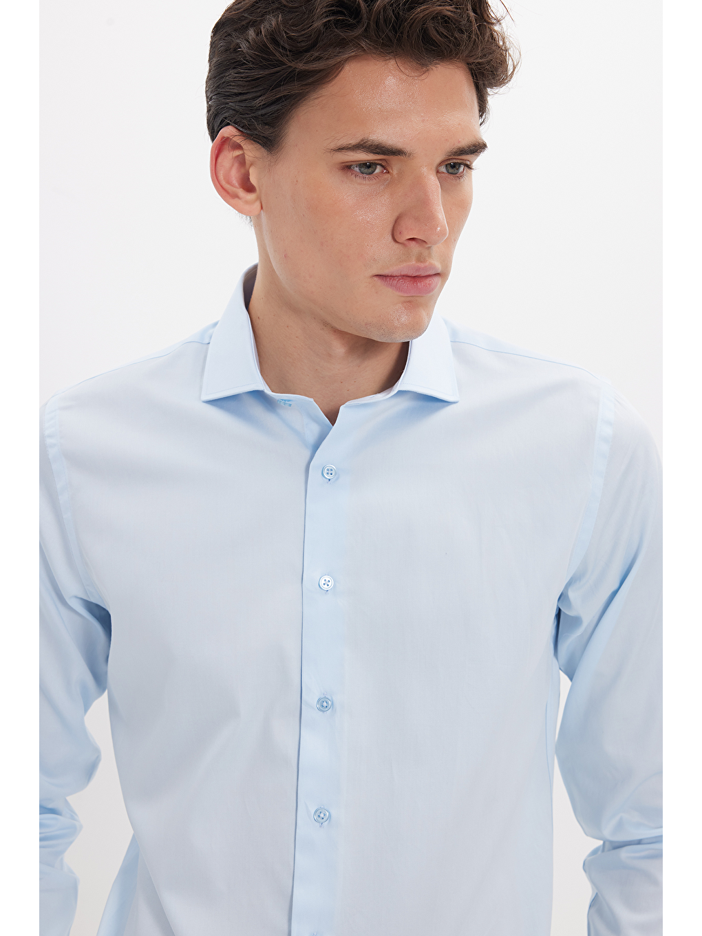 Erkek Slim Fit Dar Kesim %100 Pamuk Pamuk Saten Premium Seri Mavi Gömlek-7