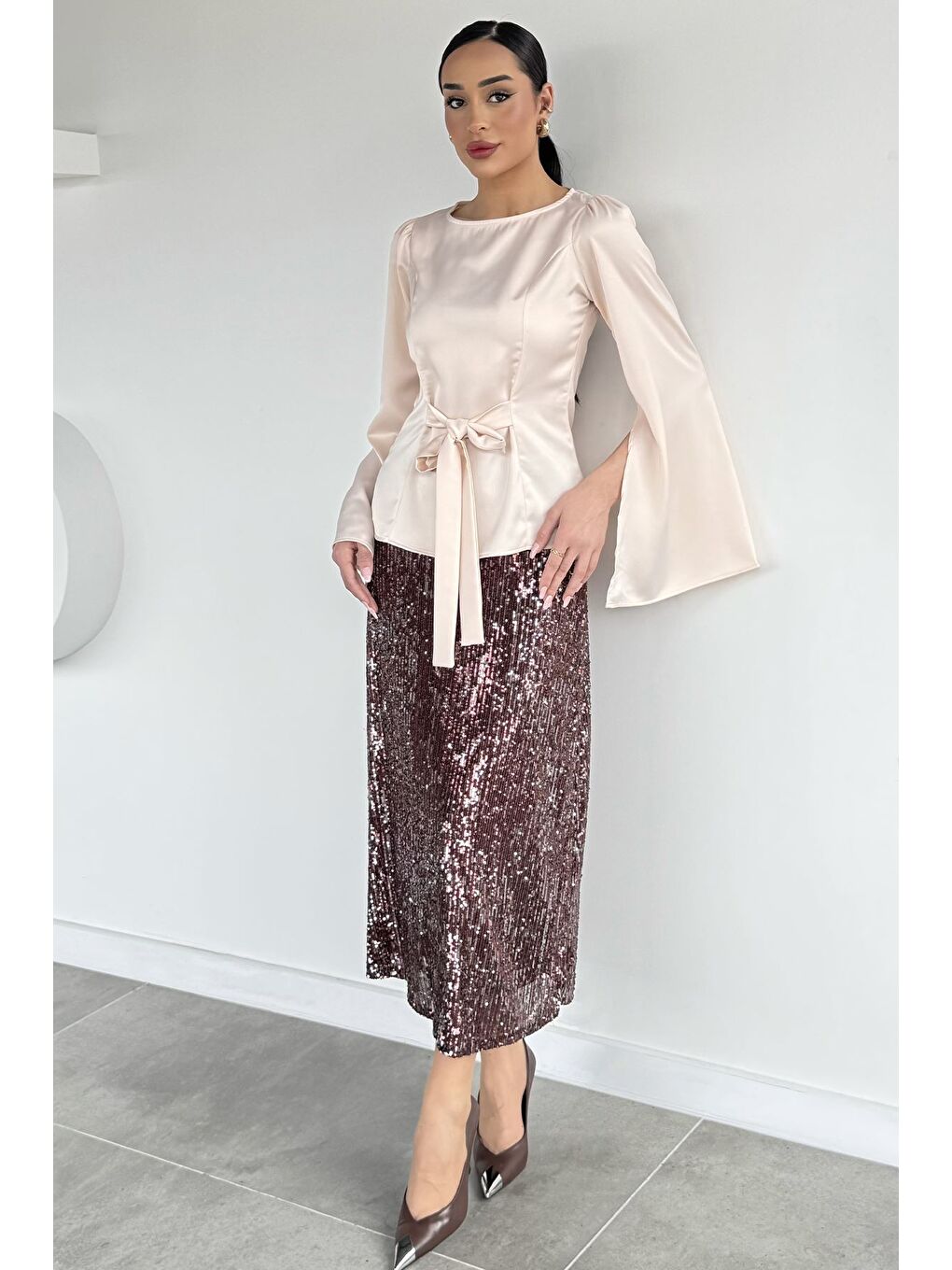 Kahverengi Kadın Bel Lastikli İç Astarlı Pul Payet Etek-1