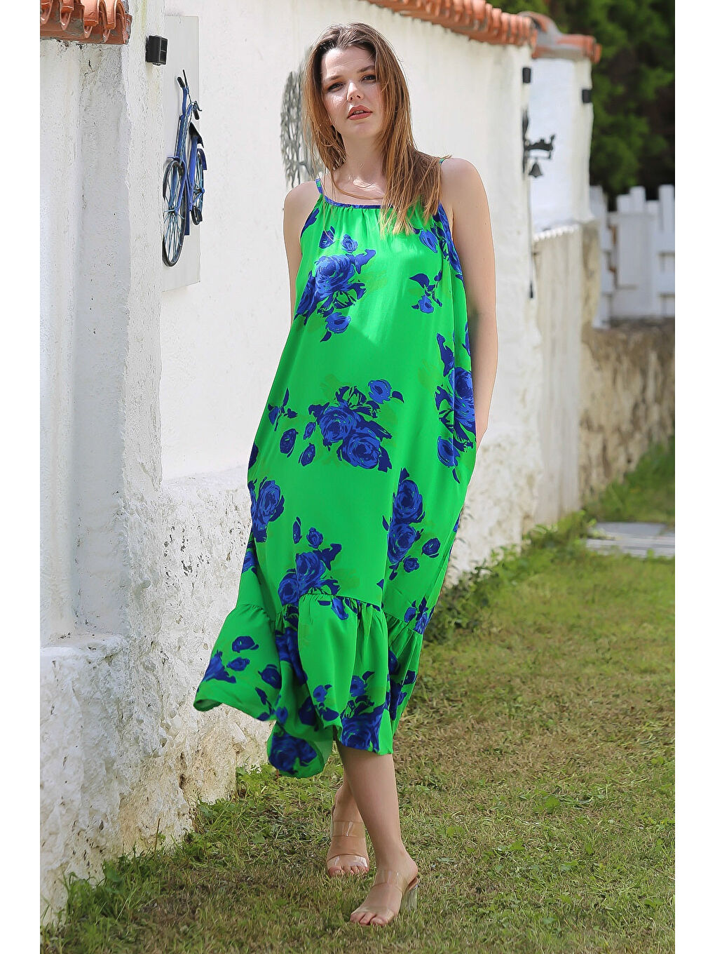 Yeşil Gizli Cepli Eteği Fırfırlı Ayarlanabilir Askılı Casual Viskon Dokuma Elbise 128 66-4