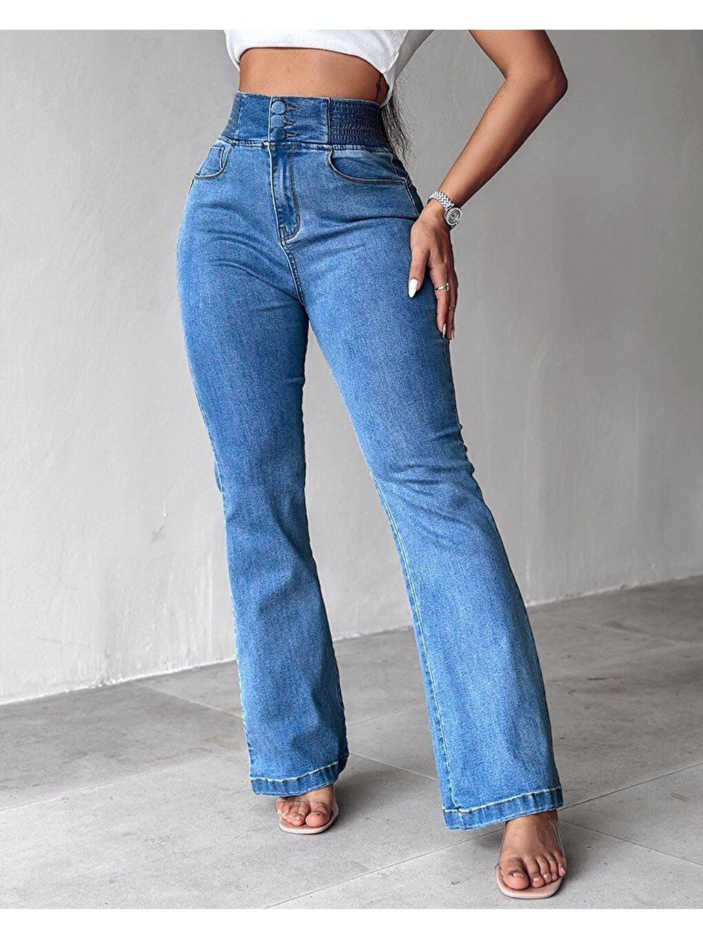 Mavi Kadın Yüksek Bel Yanları Lastik önü Düğmeli Jean Pantolon-4