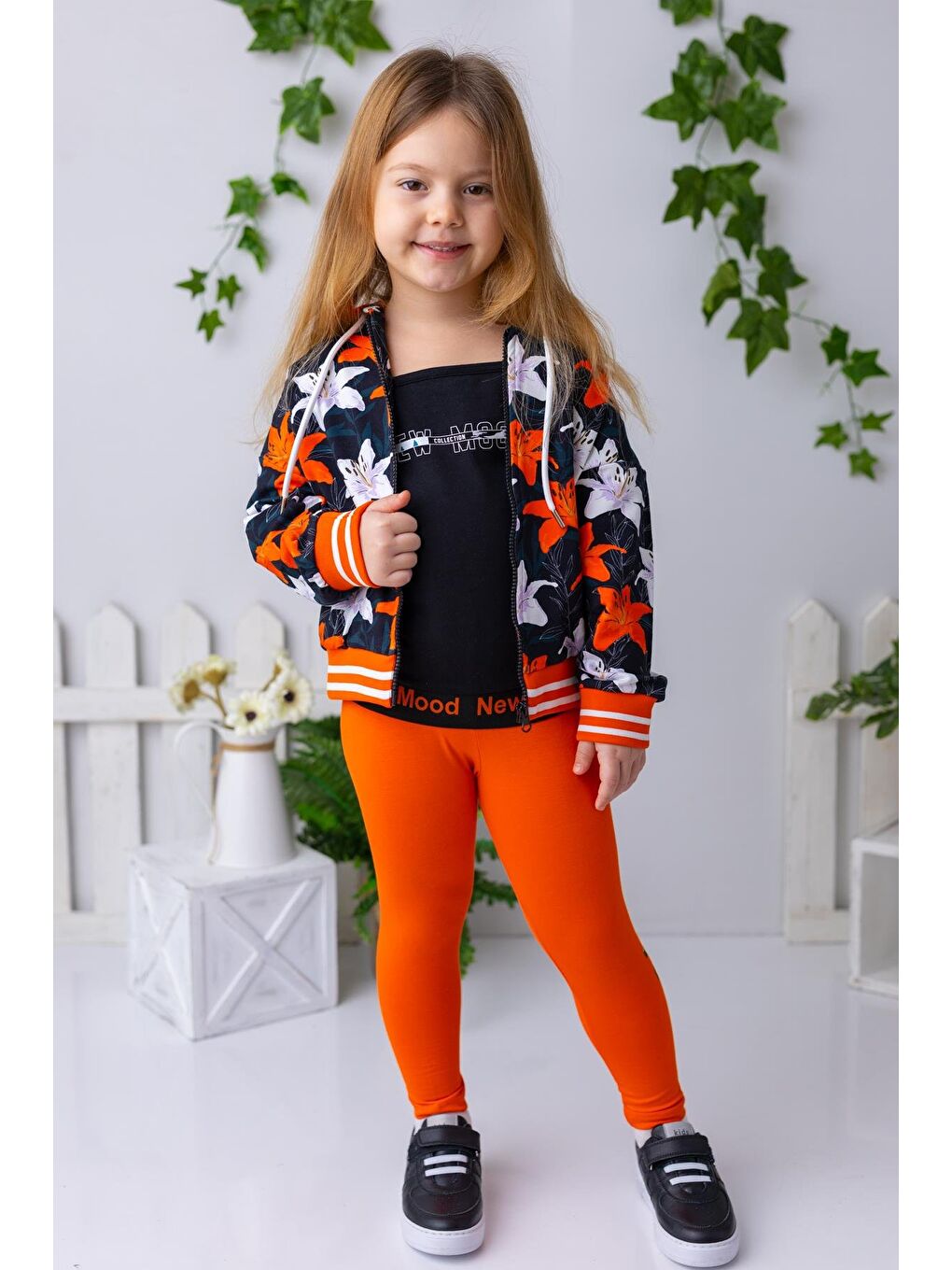 Turuncu Kız Çocuk Yazı Baskılı Uzun Tayt - Oranj