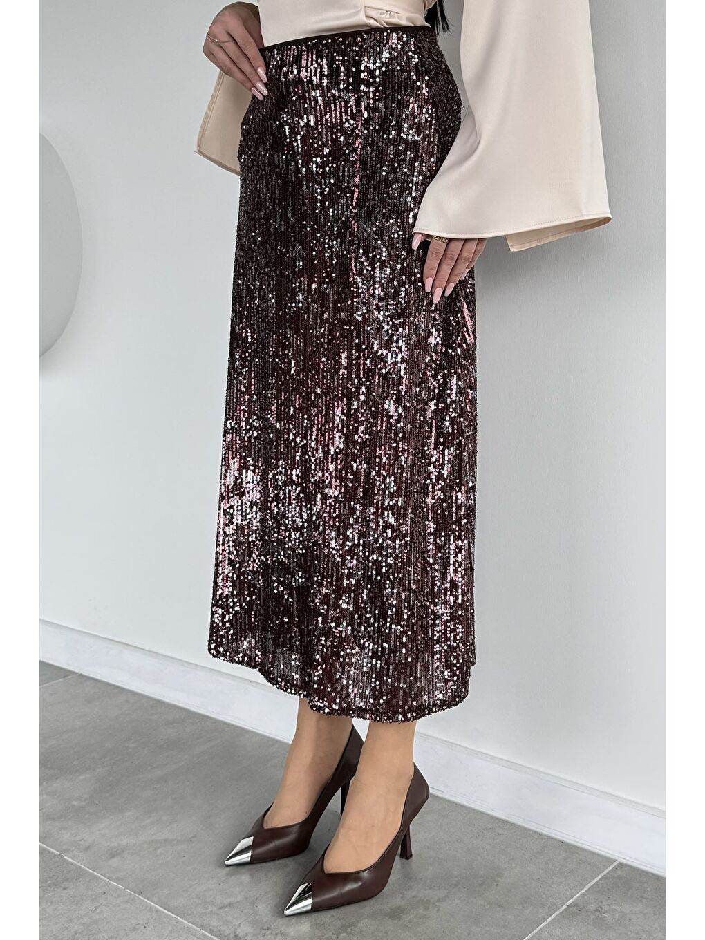 Kahverengi Kadın Bel Lastikli İç Astarlı Pul Payet Etek-2