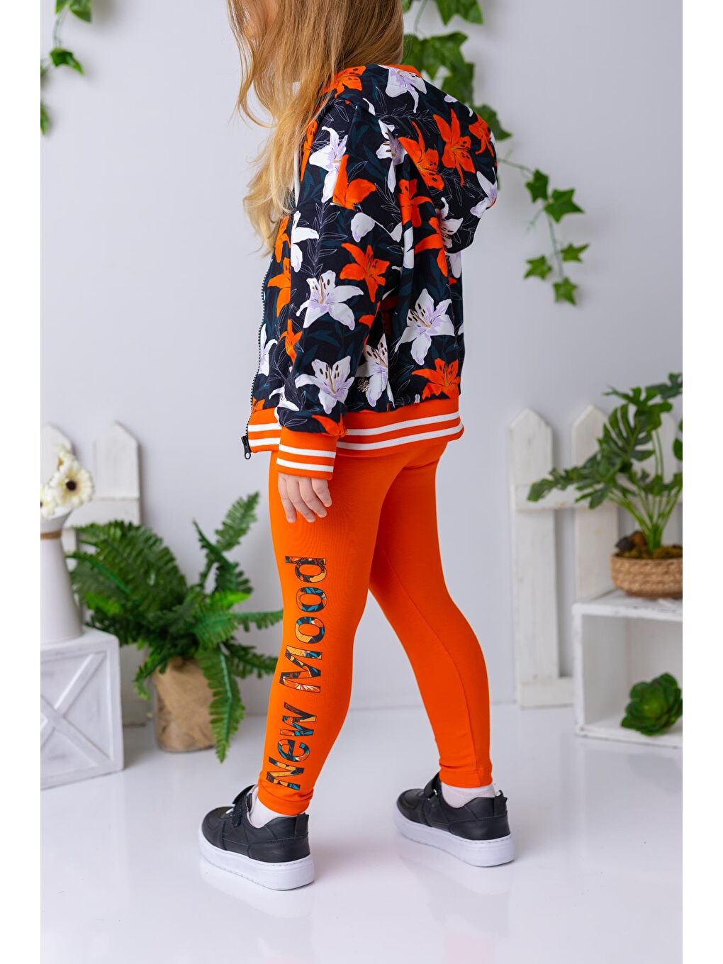Turuncu Kız Çocuk Yazı Baskılı Uzun Tayt - Oranj-1