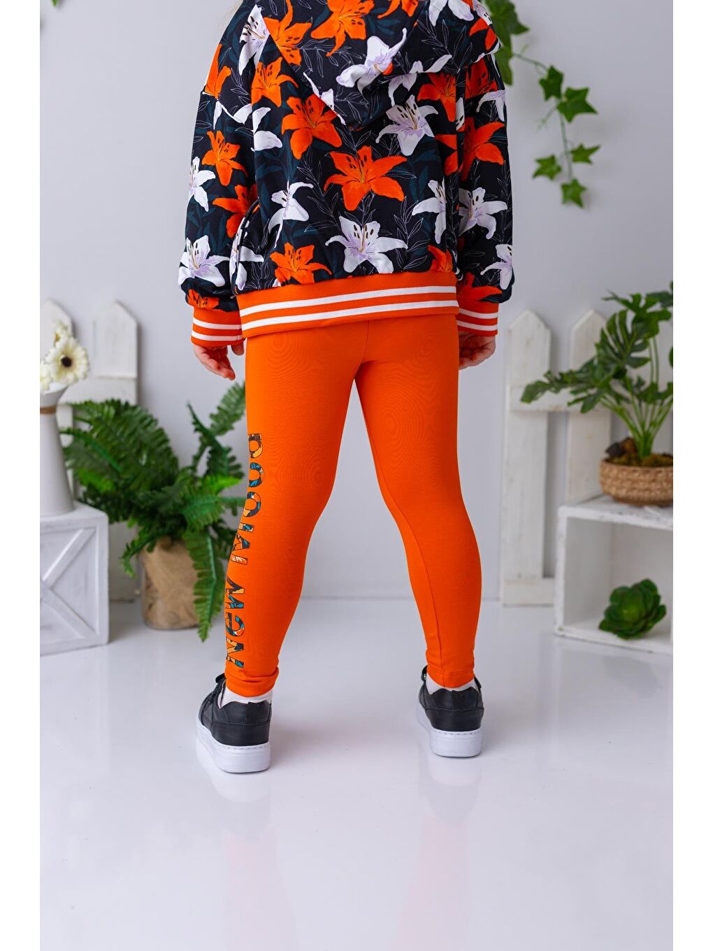 Turuncu Kız Çocuk Yazı Baskılı Uzun Tayt - Oranj-2