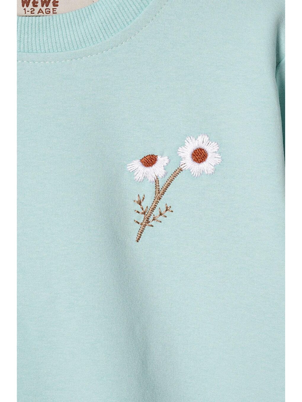 Yeşil Bisiklet Yaka Uzun Kol Papatya Nakışlı Mint Renk Kız Çocuk Eşofman Takım-5