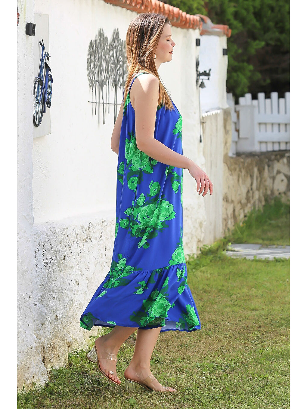 Mavi Gizli Cepli Eteği Fırfırlı Ayarlanabilir Askılı Casual Viskon Dokuma Elbise 128 66-4