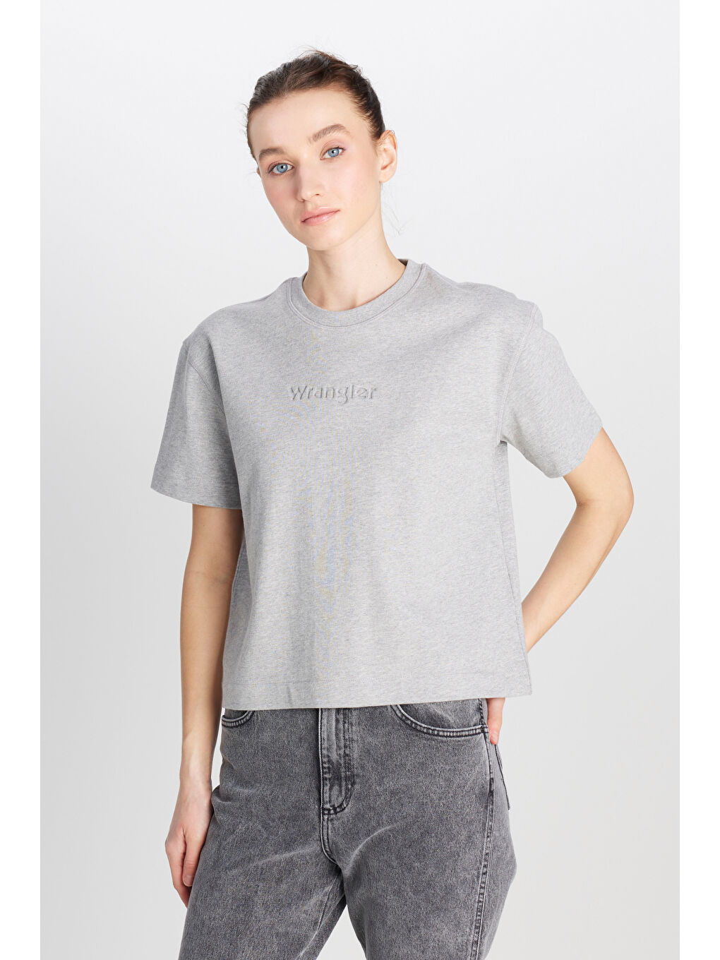 %100 Pamuk Relaxed Fit Geniş Kesim Bisiklet Yaka Gri Melanj Tişört-1