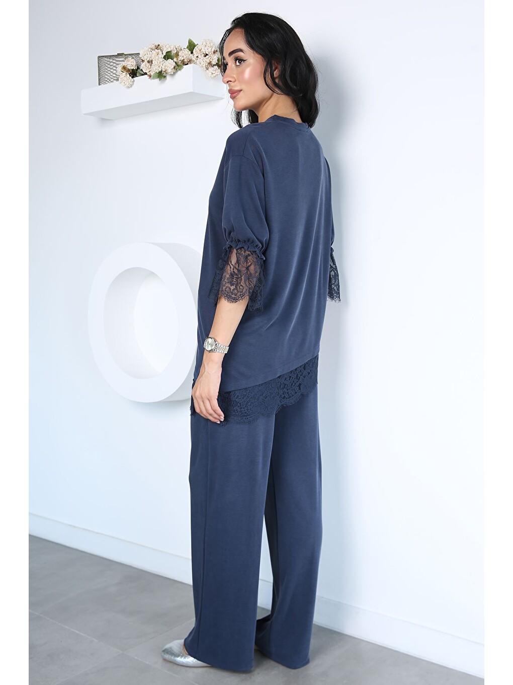 Lacivert Dantel Detaylı Bluz Pantolon Kubra Modal İkili Takım-3