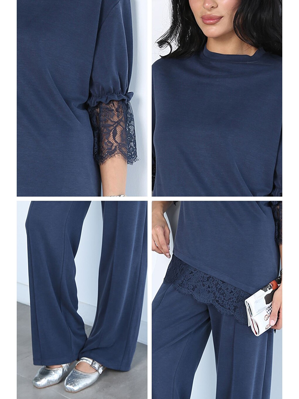 Lacivert Dantel Detaylı Bluz Pantolon Kubra Modal İkili Takım-4