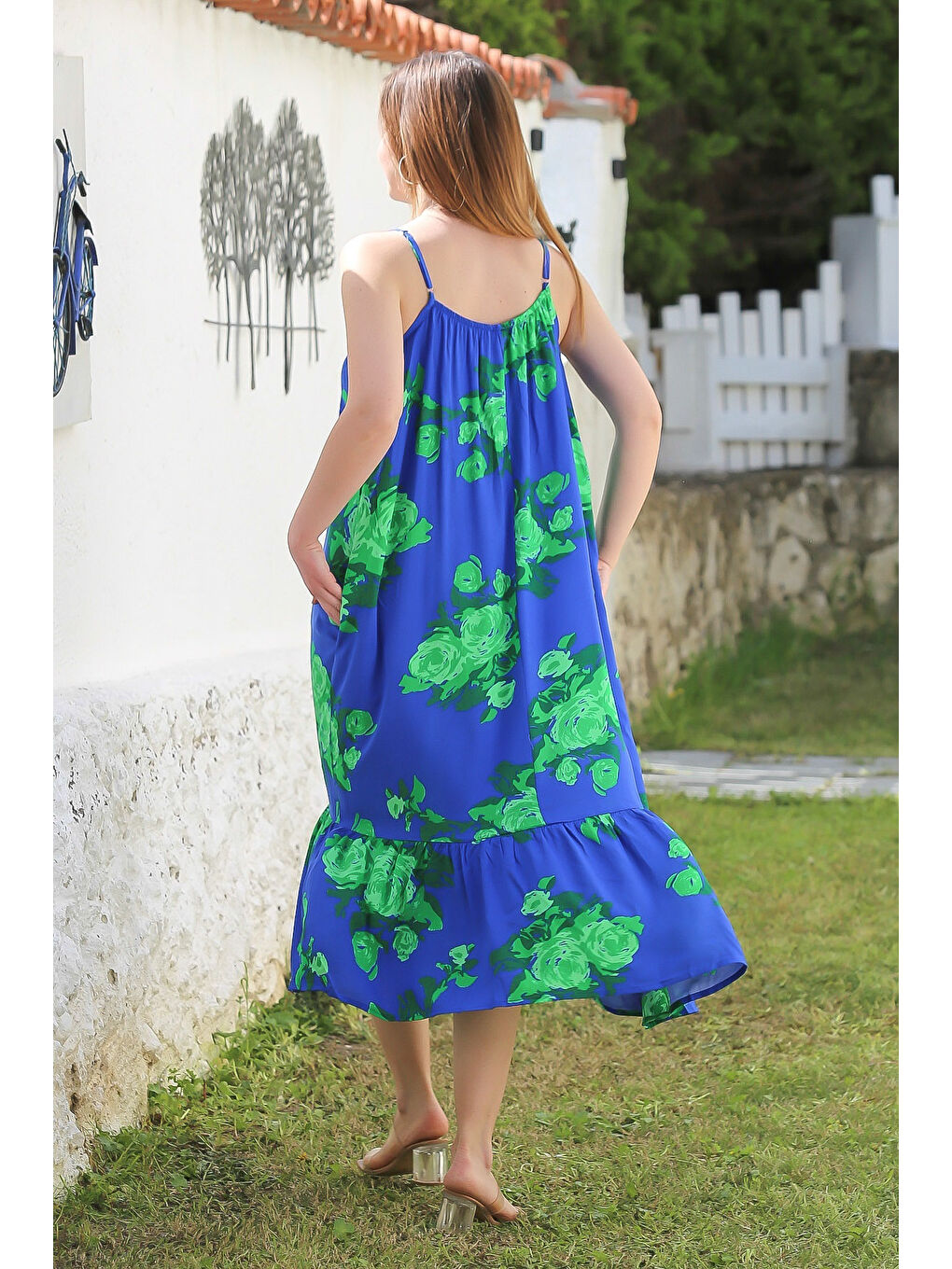 Mavi Gizli Cepli Eteği Fırfırlı Ayarlanabilir Askılı Casual Viskon Dokuma Elbise 128 66-5