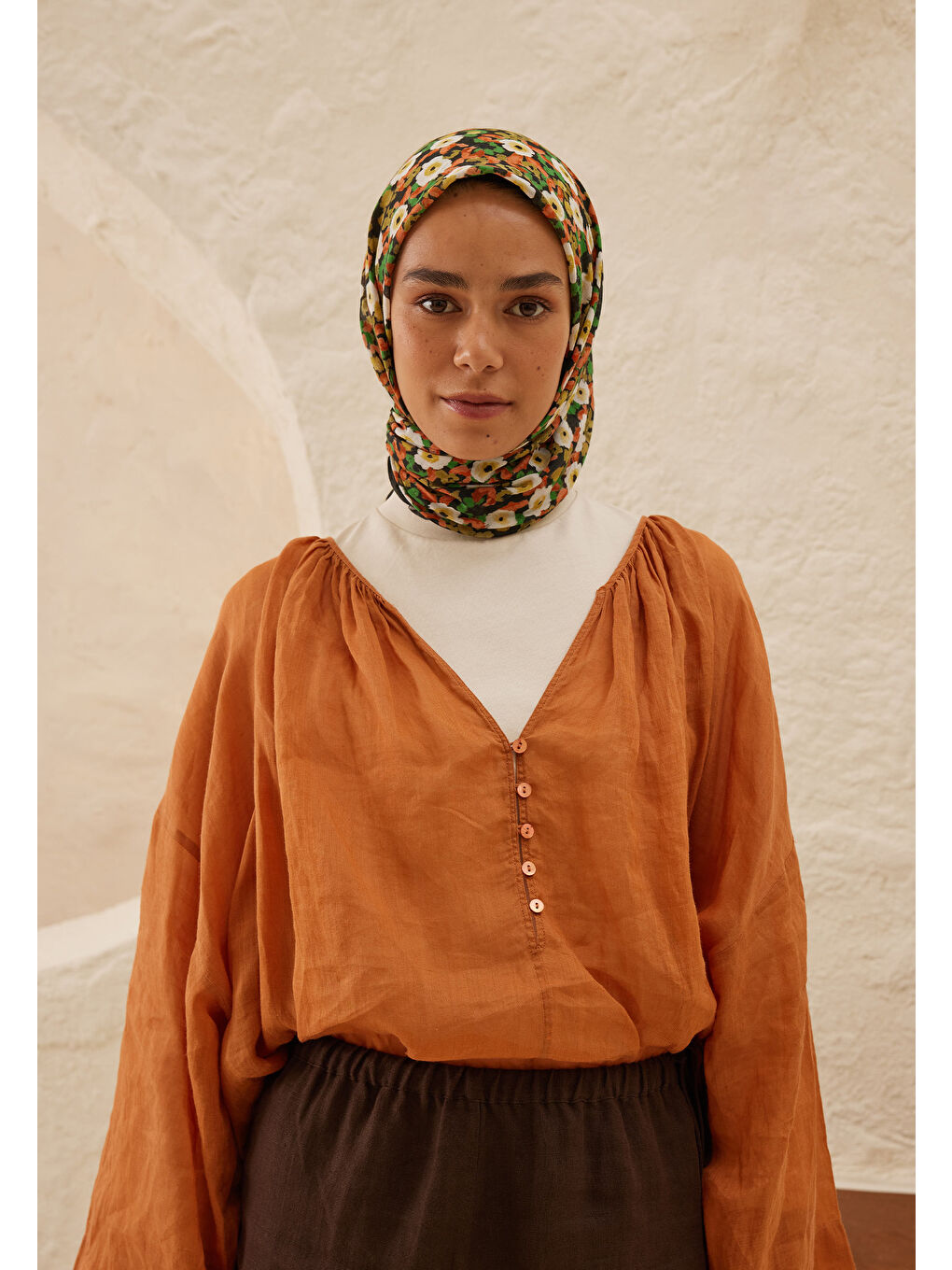 Kahverengi Serena Desen Pamuk Vual Eşarp Tarçın