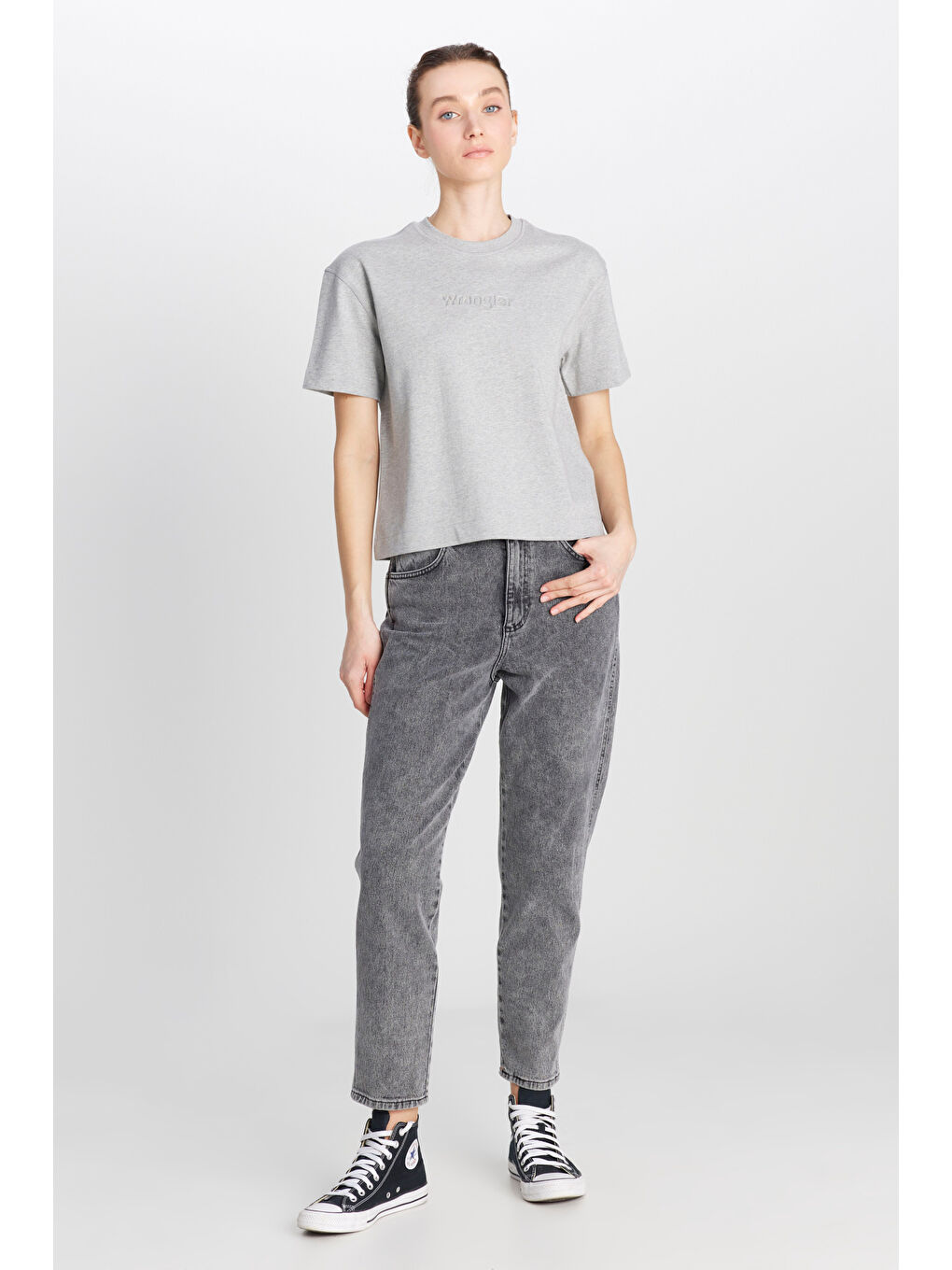 %100 Pamuk Relaxed Fit Geniş Kesim Bisiklet Yaka Gri Melanj Tişört-2