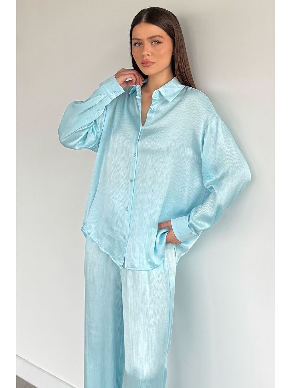 Mavi Kadın Gömlek Pantolon İkili Takım-1