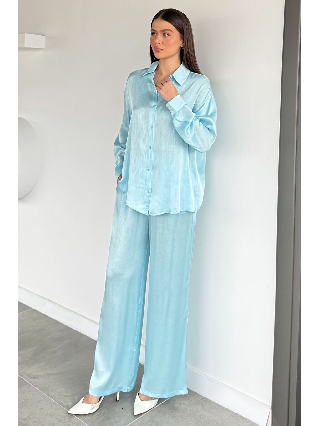 Mavi Kadın Gömlek Pantolon İkili Takım-2