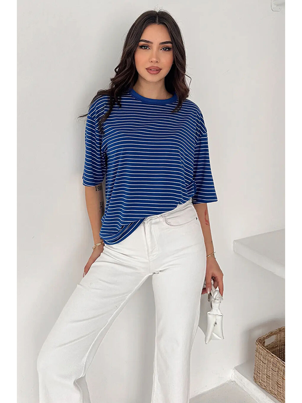 Kadın Oversize Çizgili Tişört Lacivert-1