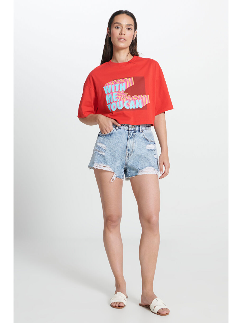 Loose Fit Rahat Kesim %100 Pamuk Bisiklet Yaka Kırmızı Crop Tişört-2