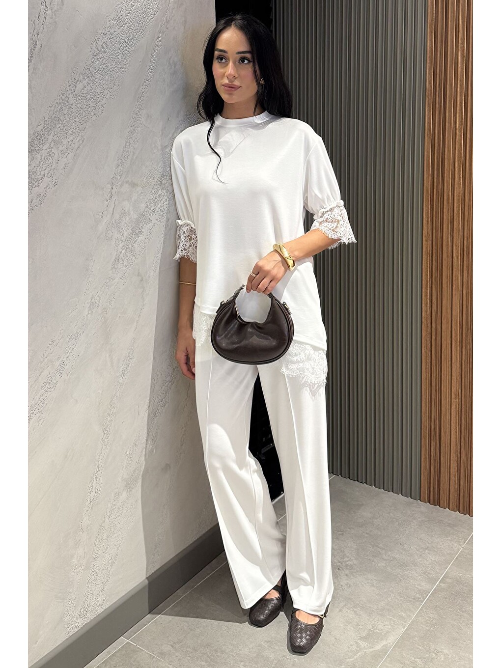 Ekru Dantel Detaylı Bluz Pantolon Kubra Modal İkili Takım