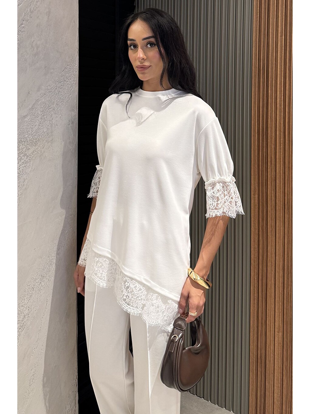 Ekru Dantel Detaylı Bluz Pantolon Kubra Modal İkili Takım-1