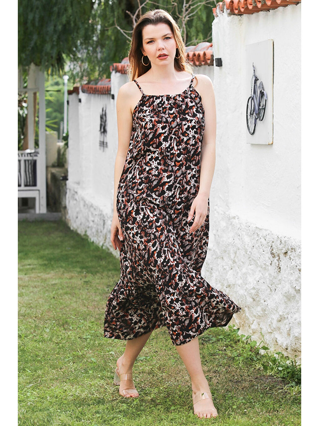 Kahverengi Leopar Desenli Gizli Cepli Eteği Fırfırlı Ayarlanabilir Askılı Dokuma Elbise 128 66-4