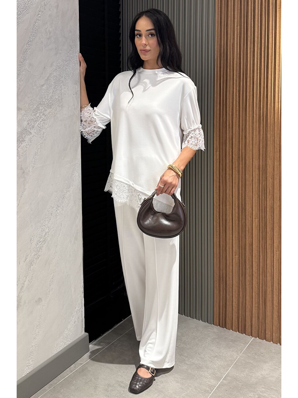 Ekru Dantel Detaylı Bluz Pantolon Kubra Modal İkili Takım-3