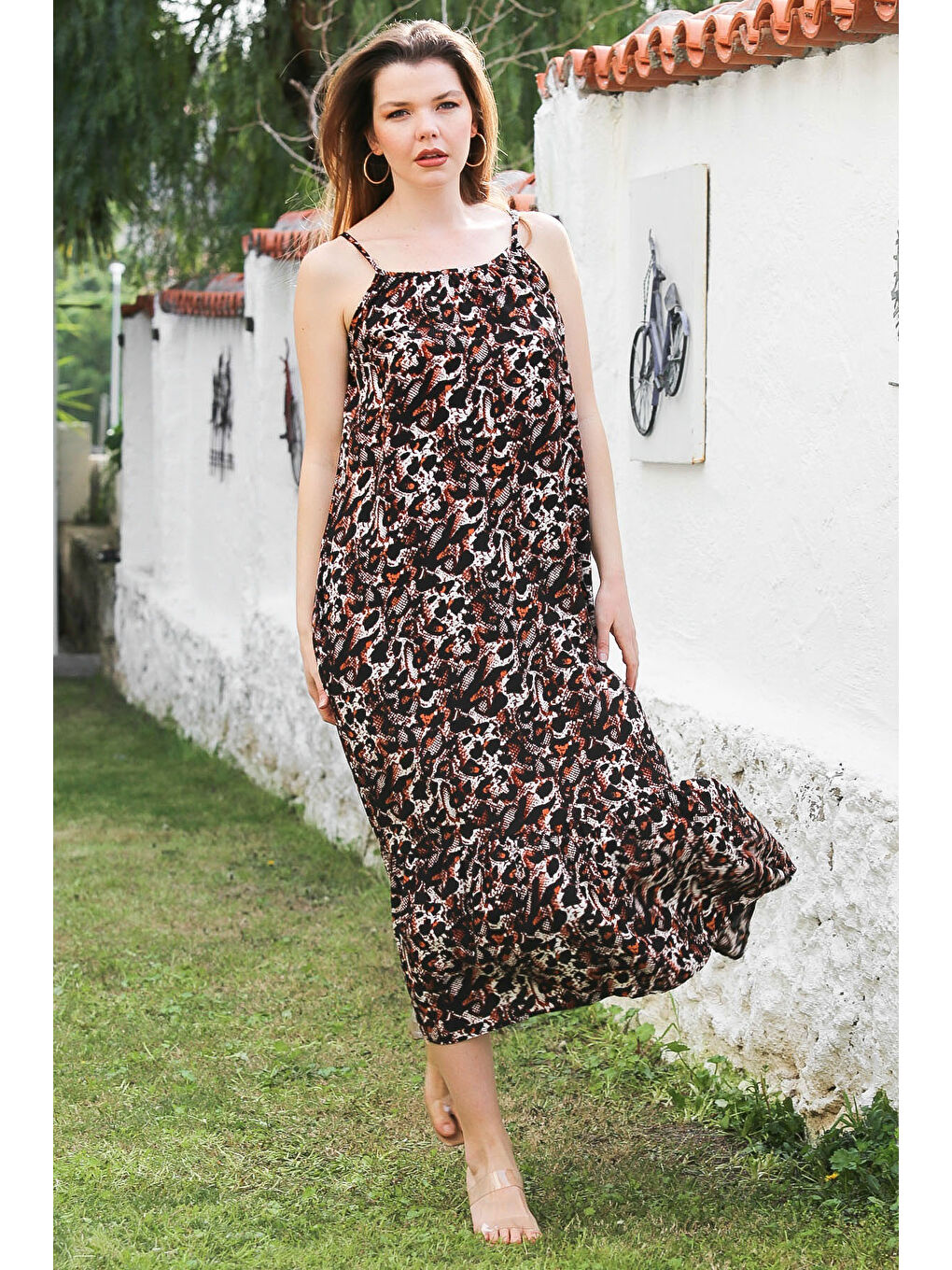 Kahverengi Leopar Desenli Gizli Cepli Eteği Fırfırlı Ayarlanabilir Askılı Dokuma Elbise 128 66-5