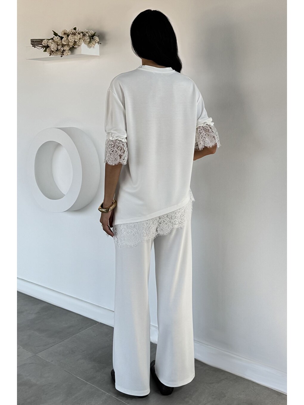 Ekru Dantel Detaylı Bluz Pantolon Kubra Modal İkili Takım-4