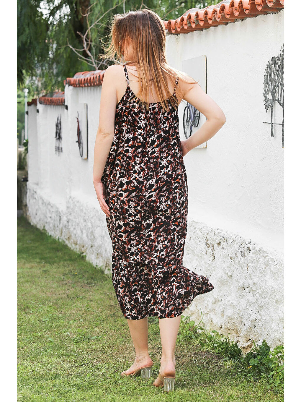 Kahverengi Leopar Desenli Gizli Cepli Eteği Fırfırlı Ayarlanabilir Askılı Dokuma Elbise 128 66-6