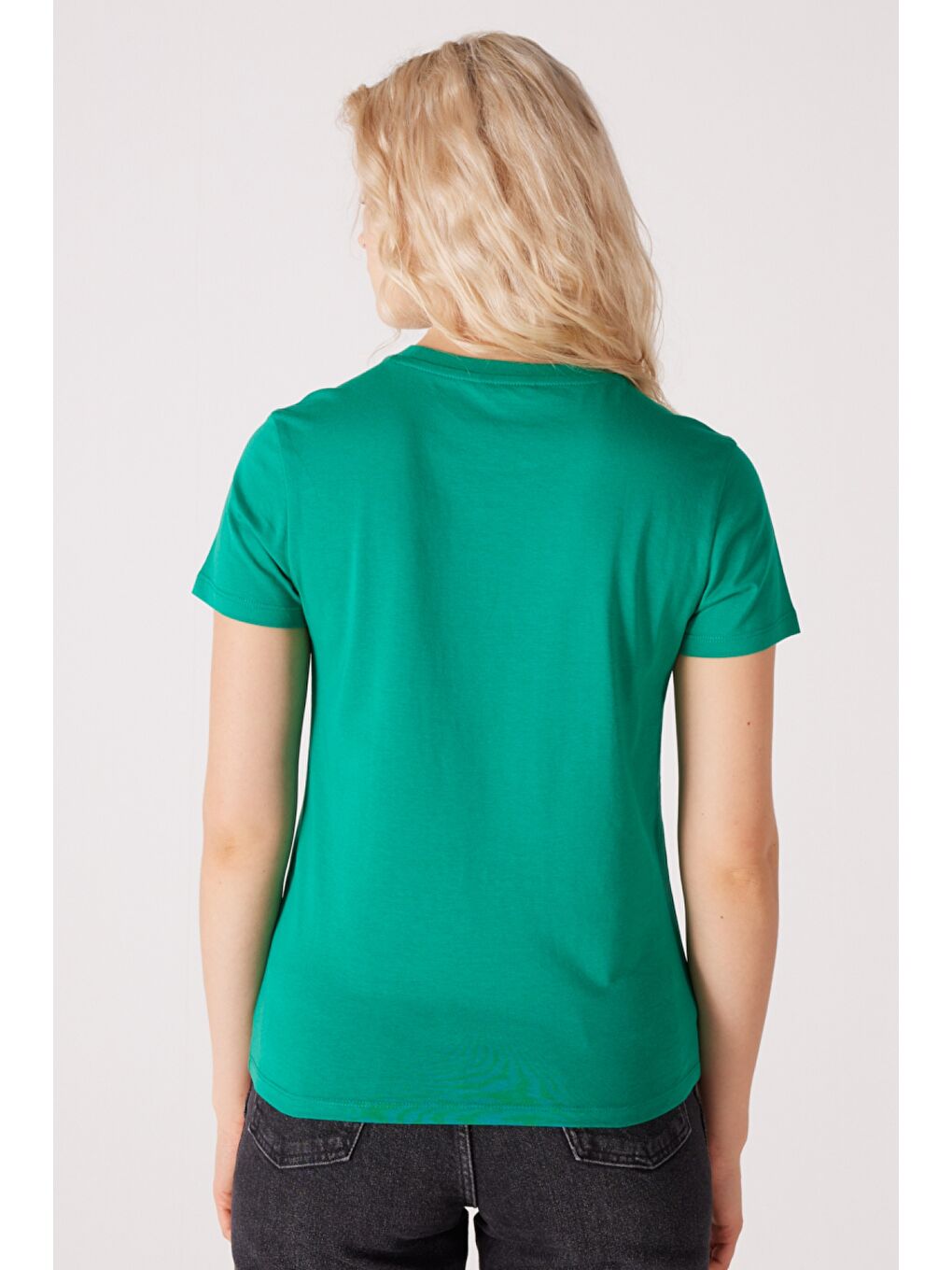 Slim Fit Dar Kesim %100 Pamuk Bisiklet Yaka Yeşil Tişört-5