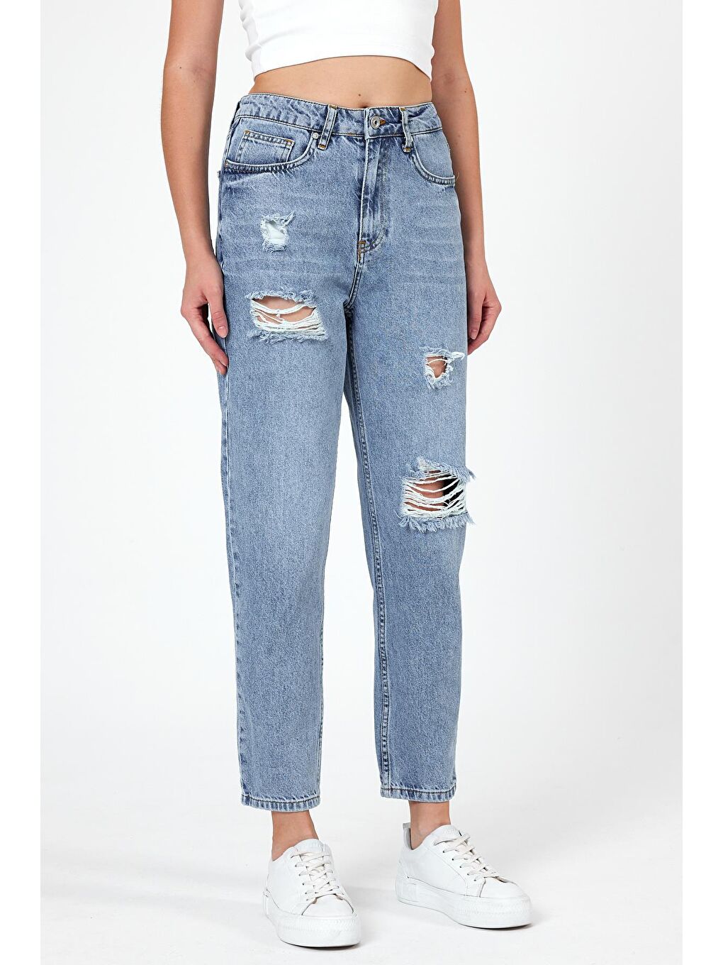 Explode Açık Mavi Kadın Yırtık Detaylı Mom Fit Jeans - 4