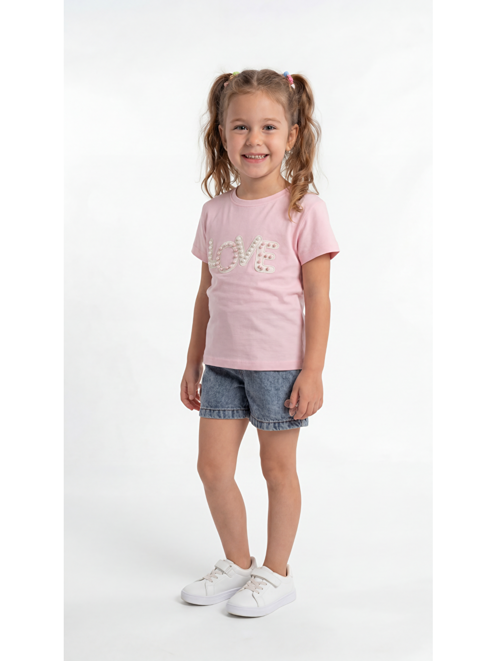 Pembe Ön Love Nakışlı  Kız Çocuk Tişört-Şort Takım-1