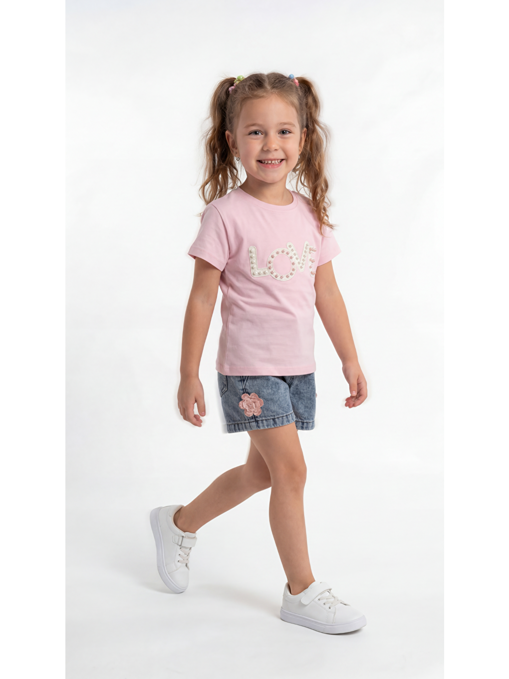 Pembe Ön Love Nakışlı  Kız Çocuk Tişört-Şort Takım-2