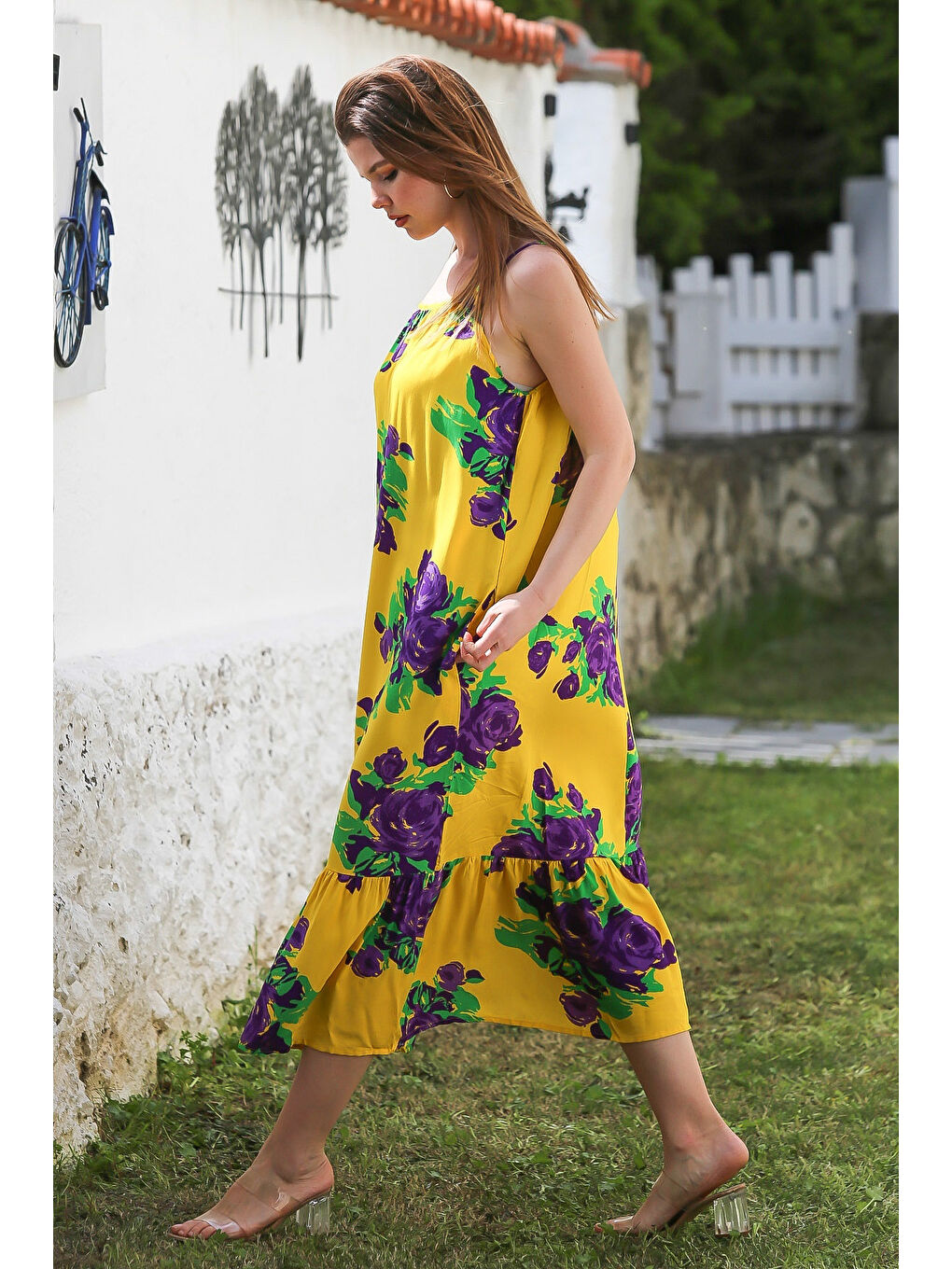 Sarı Gizli Cepli Eteği Fırfırlı Ayarlanabilir Askılı Casual Viskon Dokuma Elbise 128 66-1