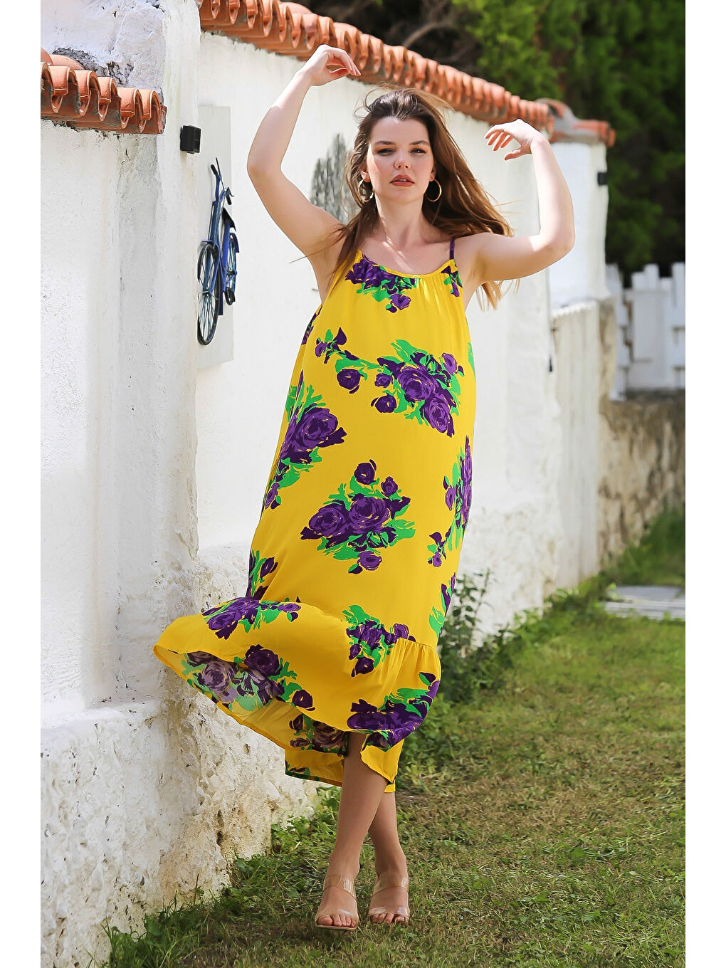 Sarı Gizli Cepli Eteği Fırfırlı Ayarlanabilir Askılı Casual Viskon Dokuma Elbise 128 66-2