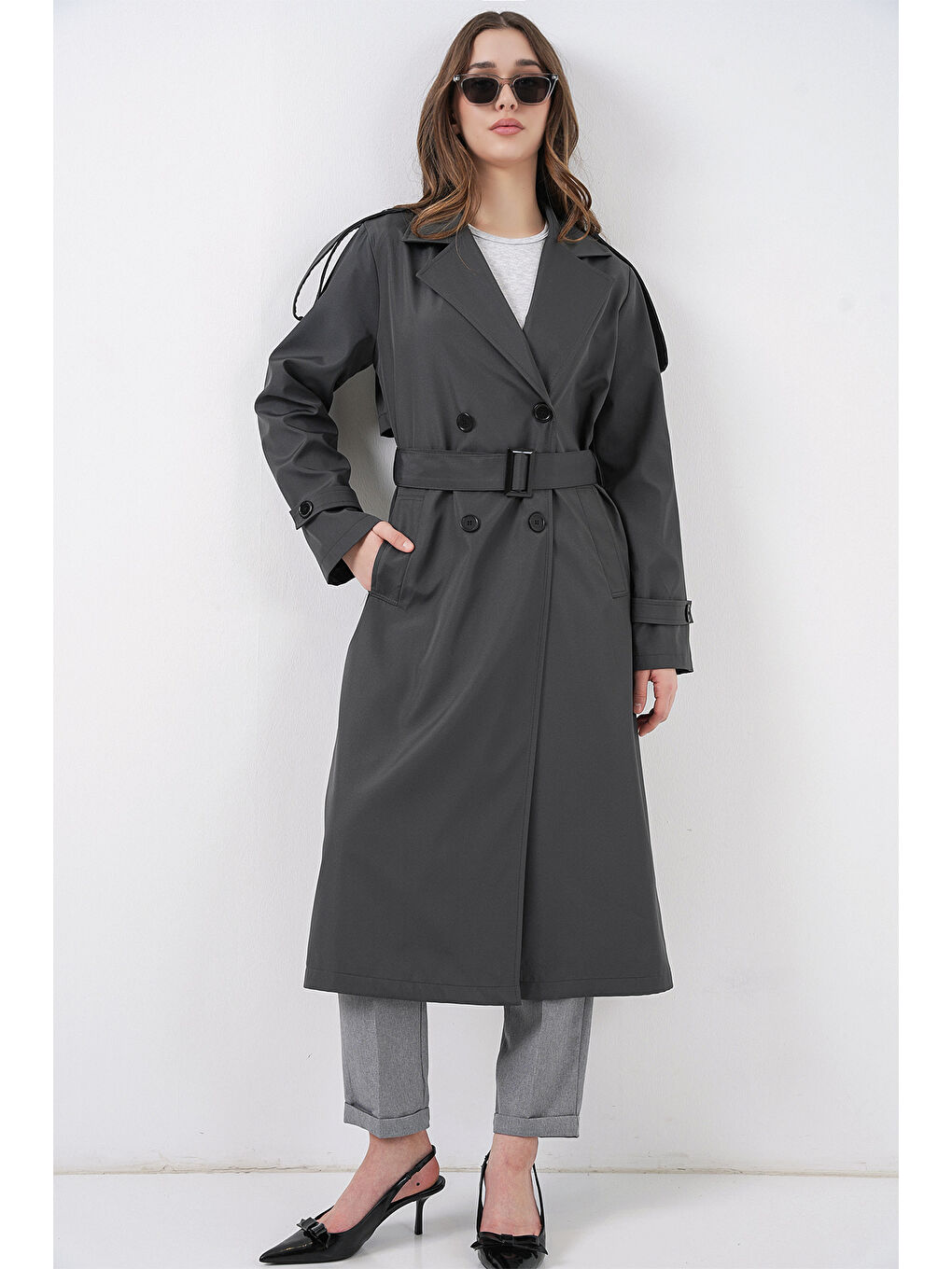 5941 Kruvaze Yaka Uzun Trençkot - Antrasit