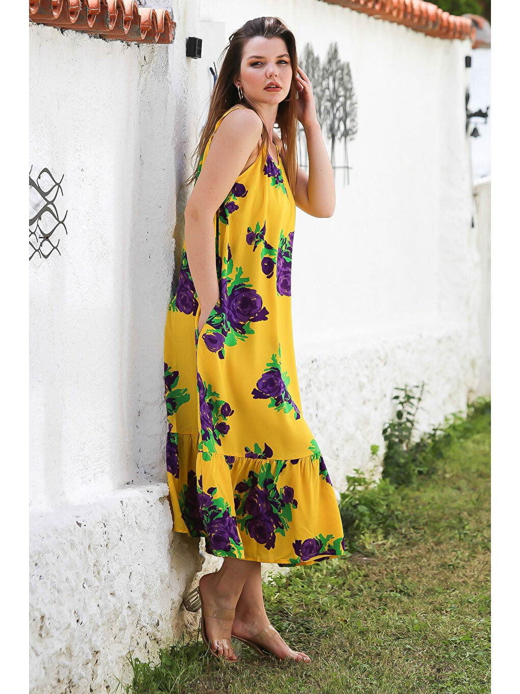 Sarı Gizli Cepli Eteği Fırfırlı Ayarlanabilir Askılı Casual Viskon Dokuma Elbise 128 66-5